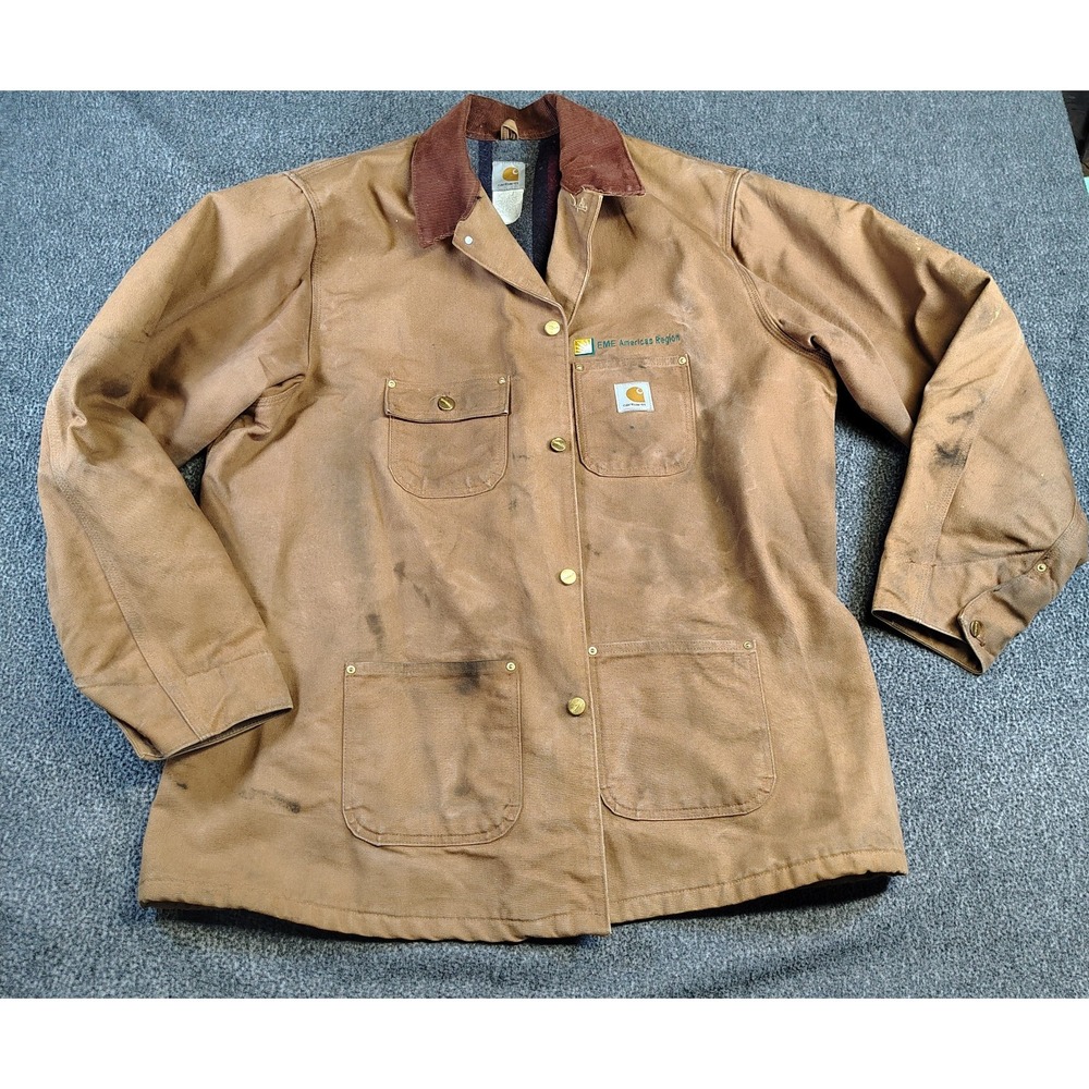 Vtg Carhartt Chore Jacket Brown Blanket Lined Firm Duck Coat Tan Gold Buttons